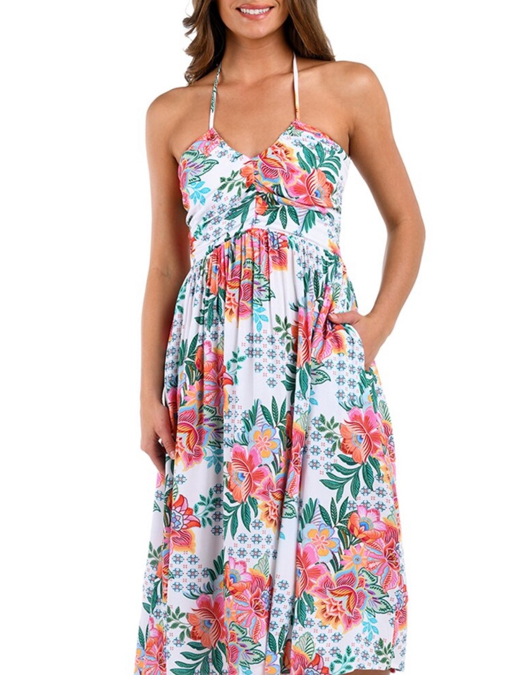 La Blanca White Halter Maxi Coverup with Pink & Green Floral Print